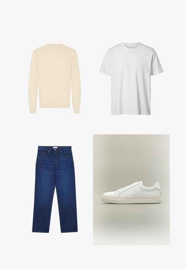 Suéter beige claro hecho de una suave tela de punto, con un escote redondo y mangas largas, y con puños y dobladillo acanalados.; Camiseta blanca lisa de manga corta con cuello redondo, corte holgado y sin logos o diseños visibles en el frente.; Vaqueros de mezclilla en azul oscuro con un diseño de pierna recta, que cuentan con un cierre de botón y cremallera, cinco bolsillos y detalles de costura visibles.; Zapatilla blanca de perfil bajo con cordones en la parte delantera y suela gruesa, mostrada de lado sobre un fondo neutro.