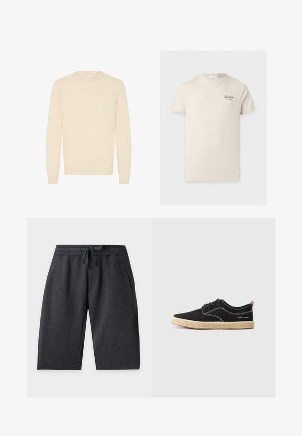 Pull beige clair en tricot doux, avec un col rond et des manches longues, doté de bords-côtes aux manches et à l'ourlet.; T-shirt beige à manches courtes et col rond avec un petit texte noir "Paris Bistro" sur la partie gauche de la poitrine.; Shorts gris foncé jusqu'au genou avec taille élastique et cordon à l'avant, avec poches latérales sur fond uni.; Baskets noires en toile avec des coutures blanches, bout rond et semelle en espadrille texturée de couleur brun clair. Elles présentent des lacets noirs et un onglet au talon brun.