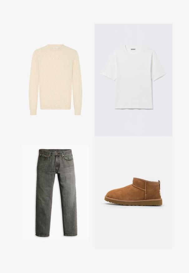 Suéter beige claro hecho de una suave tela de punto, con un escote redondo y mangas largas, y con puños y dobladillo acanalados.; Camiseta blanca lisa de manga corta con cuello redondo y una pequeña etiqueta "WEEKDAY" en el interior del cuello trasero, mostrada sobre una superficie plana.; Jeans de mezclilla gris con un diseño de pierna recta, estilo clásico de cinco bolsillos y un sutil detalle de costura en las costuras y los bolsillos.; Bota de tobillo de ante de color marrón claro con punta redondeada, detalles de costura sutiles y una suela de goma texturizada. Altura corta sin cordones.
