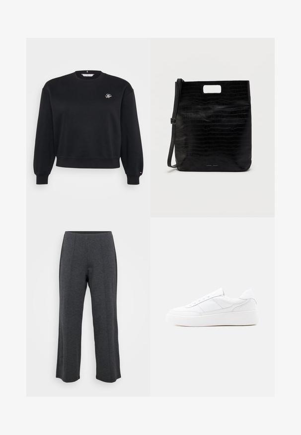 Sweatshirt en polaire noire avec un col rond, des poignets et une ceinture côtelés. Présente un petit logo brodé sur la poitrine. Texture douce.; Pantalons larges gris foncé fabriqués à partir d'un tissu doux et extensible. Comprend une ceinture lisse et un devant plat avec des plis subtils pour un détail supplémentaire.; Baskets basses blanches avec semelle épaisse, design à lacets et détails de couture subtils sur un fond clair uni.; Sac fourre-tout en simili cuir noir avec texture crocodile, forme rectangulaire, découpes pour les poignées sur le dessus et bandoulière amovible. Logo de la marque affiché.