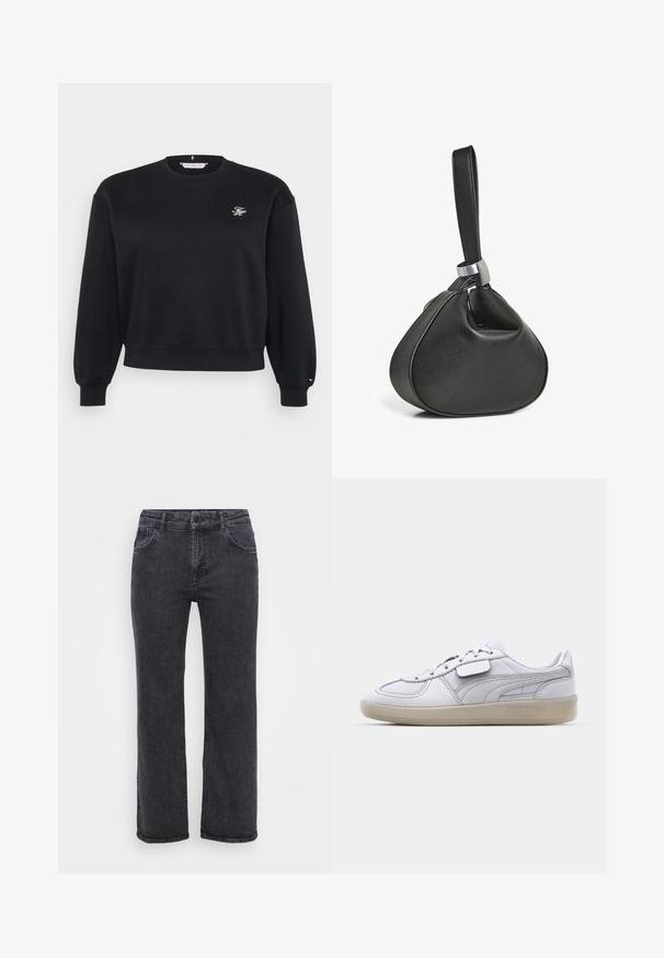 Sweatshirt en polaire noire avec un col rond, des poignets et une ceinture côtelés. Présente un petit logo brodé sur la poitrine. Texture douce.; Jean en denim noir avec une coupe droite, cinq poches et une fermeture à bouton. Le tissu a une texture légèrement délavée et des coutures robustes.; Baskets blanches en cuir avec des accents gris, fermeture à lacets et semelle en caoutchouc texturée. Présente un logo bien en vue sur le côté.; Sac bracelet en cuir noir avec une forme triangulaire douce et une large sangle attachée par une boucle en métal argenté.