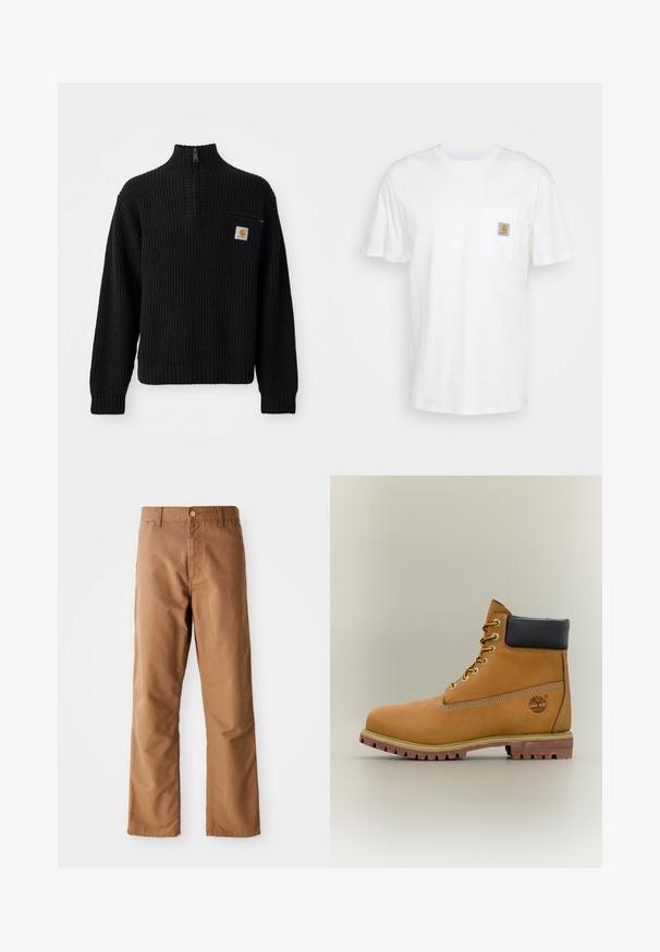 Suéter negro de punto acanalado con cuello alto, media cremallera y un pequeño bolsillo en el pecho con un logotipo. Mangas largas y tejido texturizado.; Camiseta de algodón blanca con mangas cortas, un bolsillo en el pecho y un pequeño parche cuadrado de logo en naranja y blanco en el bolsillo.; Pantalones rectos marrones con pasadores para cinturón, bolsillos frontales, cierre de botón y cremallera sobre un fondo blanco.; Bota de tobillo de cuero marrón con cuello negro, cordones amarillos y suela beige. Presenta un logotipo y detalles de costura blanca. Suela exterior con tracción robusta.