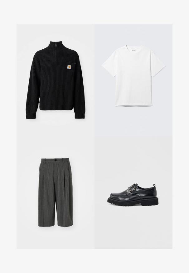 Pull en maille côtelée noir avec un col haut, une demi-fermeture éclaire et une petite poche poitrine avec un logo. Manches longues et tissu texturé.; T-shirt blanc à manches courtes et col rond, étalé à plat, design uni, avec l'étiquette "WEEKDAY" à l'intérieur du col sur un fond clair.; Shorts larges à rayures gris avec fermeture à bouton et plissé à l'avant. Fabriqués à partir d'un tissu texturé, présentant un design ajusté.; Mocassin en cuir noir avec semelle épaisse et sangle à boucle argentée sur le côté, sur fond blanc.