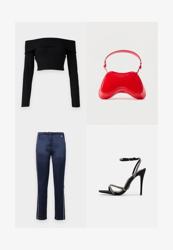 Top court en tricot côtelé noir à épaules dénudées avec manches longues, présentant un col replié et une silhouette ajustée.; Pantalons en satin bleu marine avec une texture lisse, présentant des bandes latérales noires et des accents argentés. Comprend un petit logo sur la taille.; Sandale noire à talons hauts avec des fines lanières ornées de bijoux et une boucle au niveau de la cheville. Matériau en daim, bout ouvert et silhouette fine et pointue.; Sac en cuir verni rouge avec une forme incurvée et ergonomique, doté d'une fine sangle réglable et d'un discret logo sur le devant.
