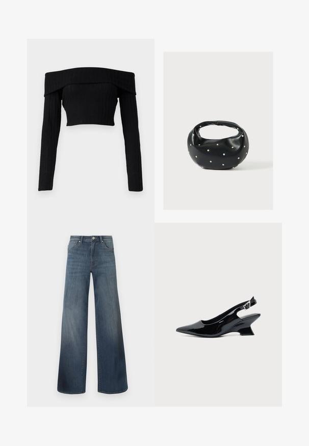 Μαύρο cropped τοπ από ριμπ ύφασμα χωρίς ώμους με μακριά μανίκια, διαθέτοντας διπλωμένο λαιμό και εφαρμοστή σιλουέτα.; Φαρδιά τζιν παντελόνια σε σκούρο μπλε, με φθαρμένη εμφάνιση, κλείσιμο με κουμπί και πέντε τσέπες. Λείος υφασμάτινος χαρακτήρας, ελάχιστες λεπτομέρειες ραφής.; Μαύρο παπούτσι slingback από πατενταρισμένο δέρμα με μυτερή μύτη και χαμηλό κεκλιμένο τακούνι τύπου block σε απλό φωτεινό φόντο.; Μαύρη δερμάτινη τσάντα χειρός με στρογγυλεμένο σχήμα, διακοσμημένη με ασημένιες λεπτομέρειες με καρφιά και κοντή λαβή. Λείο υλικό και κλείσιμο με φερμουάρ.