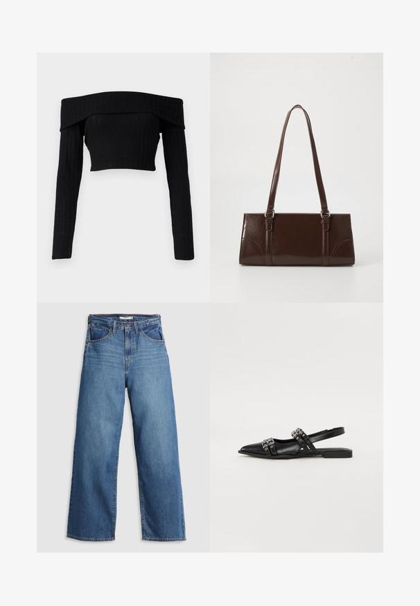 Μαύρο cropped τοπ από ριμπ ύφασμα χωρίς ώμους με μακριά μανίκια, διαθέτοντας διπλωμένο λαιμό και εφαρμοστή σιλουέτα.; Μπλε τζιν παντελόνι σε φαρδιά γραμμή με ψηλή μέση, διαθέτοντας πέντε τσέπες, αντίθετο ράψιμο και φερμουάρ στη μέση.; Even&Odd by Zalando Μπαλαρίνες με λουράκι στον αστράγαλο - black; Καφέ πατεντωμένη δερμάτινη τσάντα σε ορθογώνιο σχήμα, με δύο μακριές λαβές και λεπτές καμπύλες λεπτομέρειες στο μπροστινό μέρος.