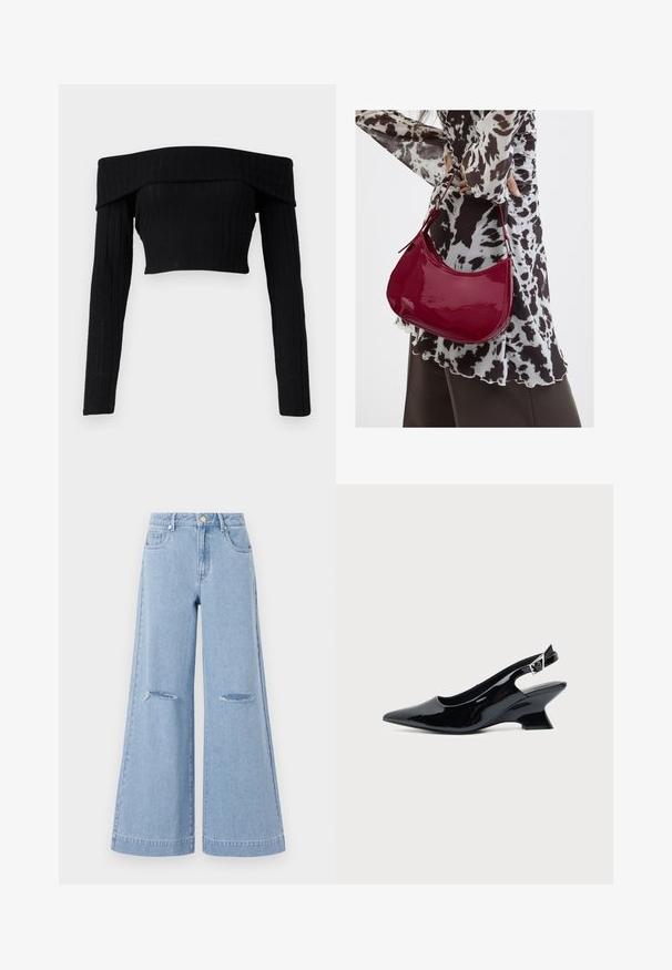 Top court en tricot côtelé noir à épaules dénudées avec manches longues, présentant un col replié et une silhouette ajustée.; Jeans taille haute bleu clair à jambes larges, dotés de deux poches avant et de deux détails de genoux déchirés, fabriqués en matériau denim.; Chaussure slingback en cuir verni noir avec bout pointu et petit talon bloc incliné sur fond clair uni.; Femme portant un chemisier à motif noir et blanc tenant un sac à main rouge brillant sur un fond uni.