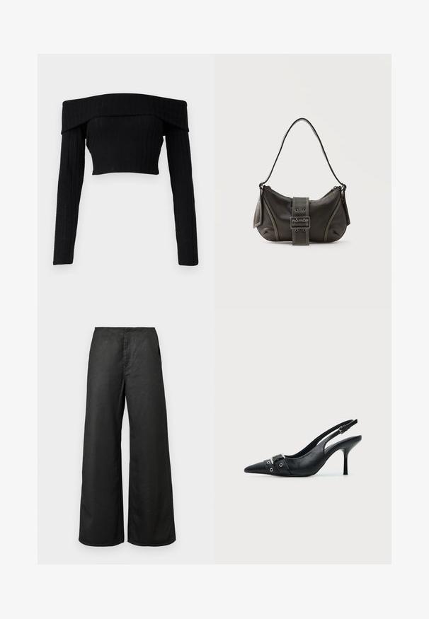 Μαύρο cropped τοπ από ριμπ ύφασμα χωρίς ώμους με μακριά μανίκια, διαθέτοντας διπλωμένο λαιμό και εφαρμοστή σιλουέτα.; Μαύρο παντελόνι με φαρδιά πόδια και μπροστινές τσέπες, σε ψηλή μέση, φτιαγμένο από μαλακό ύφασμα, τοποθετημένο σε απλό ανοιχτό φόντο.; Μαύρο δερμάτινο γυναίκειο παπούτσι με ψηλό τακούνι, μυτερή μύτη, λουράκι με αγκράφα και λεπτομέρεια με τρύπες μπροστά.; Μαύρη δερμάτινη τσάντα ώμου με λεπτομέρεια ιμάντα με πόρπη, καμπυλωτές άκρες και αντίθετη λευκή ραφή σε απλό φόντο.