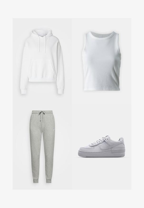 Sweatshirt blanc à capuche avec une poche avant, des poignets et un ourlet côtelés. Tissu doux et coupe décontractée, avec des cordons de serrage sur la capuche.; Débardeur blanc côtelé avec un décolleté rond et sans manches, présentant un ourlet droit et une texture lisse et extensible.; Pantalon de jogging gris en tissu doux, avec une taille élastique dotée d'un cordon de serrage, des poignets côtelés et un petit logo sur la cuisse gauche.; Basket en cuir lisse gris Nike Air Force 1 avec un bout perforé, une semelle épaisse et un détail 'AIR' en relief sur le talon.