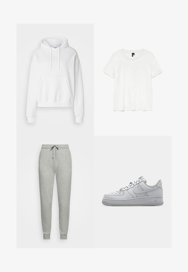 Hvid hættetrøje med lomme foran, ribbede manchetter og kant. Blødt stof og afslappet pasform, med snore i hætten.; Hvid kortærmet t-shirt med rund halsudskæring, lavet af letvægtsstof. Enkel design, glat tekstur og lige kant.; Grå sweatpants lavet af blødt stof, med elastisk talje og snørebånd, ribbede manchetter og et lille logo på venstre lår.; Hvid lædersneaker med lavt design, rund tå, perforerede detaljer og en tekstureret gummisål. Har grå accenter på tungen.
