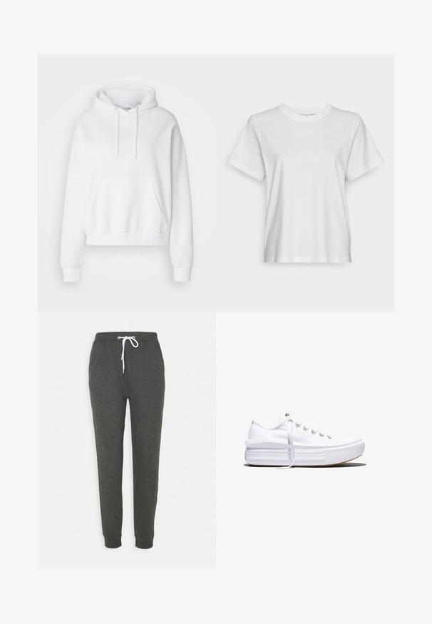 Sweatshirt blanc à capuche avec une poche avant, des poignets et un ourlet côtelés. Tissu doux et coupe décontractée, avec des cordons de serrage sur la capuche.; T-shirt en coton blanc à manches courtes, col rond et coupe décontractée. Texture lisse, sans motifs ni graphiques, design basique.; Pantalon de survêtement gris en tissu doux, doté d'une taille élastique avec un cordon de serrage blanc, de poches latérales et de jambes fuselées.; Baskets basses blanches en toile avec semelle plateforme épaisse, lacets sur le devant et embout en caoutchouc texturé, vues de profil.