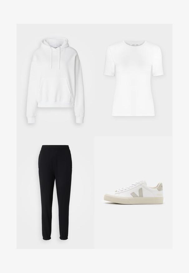Sweatshirt blanc à capuche avec une poche avant, des poignets et un ourlet côtelés. Tissu doux et coupe décontractée, avec des cordons de serrage sur la capuche.; T-shirt blanc à manches courtes avec col rond, coupe slim et texture de tissu côtelé, présenté sur un fond uni gris clair.; Even&Odd by Zalando Pantalon de survêtement - black; Baskets blanches en cuir avec des accents gris en forme de V, semelle en caoutchouc texturé, lacets blancs, et languette et col rembourrés.