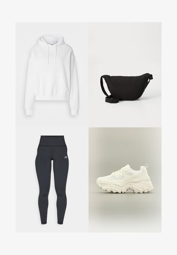 Sweatshirt blanc à capuche avec une poche avant, des poignets et un ourlet côtelés. Tissu doux et coupe décontractée, avec des cordons de serrage sur la capuche.; Leggings de sport noirs taille haute avec un design ajusté, texture lisse et un petit logo blanc sur la hanche gauche.; Baskets blanches épaisses avec semelle texturée épaisse, panneaux en mesh, laçage à l'avant et languette au talon sur un fond neutre.; Sac hobo noir en tissu doux, avec une forme courbée, une fermeture éclair et une large sangle réglable. Texture lisse sans motifs.