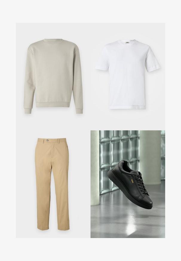 Sudadera gris claro con cuello redondo, mangas largas y textura suave. Presenta un pequeño logo bordado en el pecho.; Camiseta de algodón blanca con mangas cortas, escote redondo y una textura suave. No se observan patrones ni detalles.; Pantalones beige de mezcla de algodón con un diseño de pierna recta, bolsillos frontales y cierre de botón. Textura suave y dobladillos con puños.; Zapatilla deportiva baja de cuero negro con cordones, logo dorado "BOSS" en el lateral, mostrada flotando en interiores contra un fondo de bloques de vidrio y hormigón.