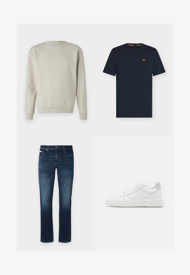Sudadera gris claro con cuello redondo, mangas largas y textura suave. Presenta un pequeño logo bordado en el pecho.; Camiseta de cuello redondo y manga corta de color azul oscuro con un pequeño parche rectangular con logo en el área del pecho izquierdo.; Jeans de denim azul oscuro con un corte de pierna recta, que presentan un diseño clásico de cinco bolsillos, herrajes de cobre y sutiles detalles de desgaste.; Zapatillas de cuero blanca con un acabado suave, punta redondeada, cordones planos y una suela texturada. Acento de ante gris en el talón.