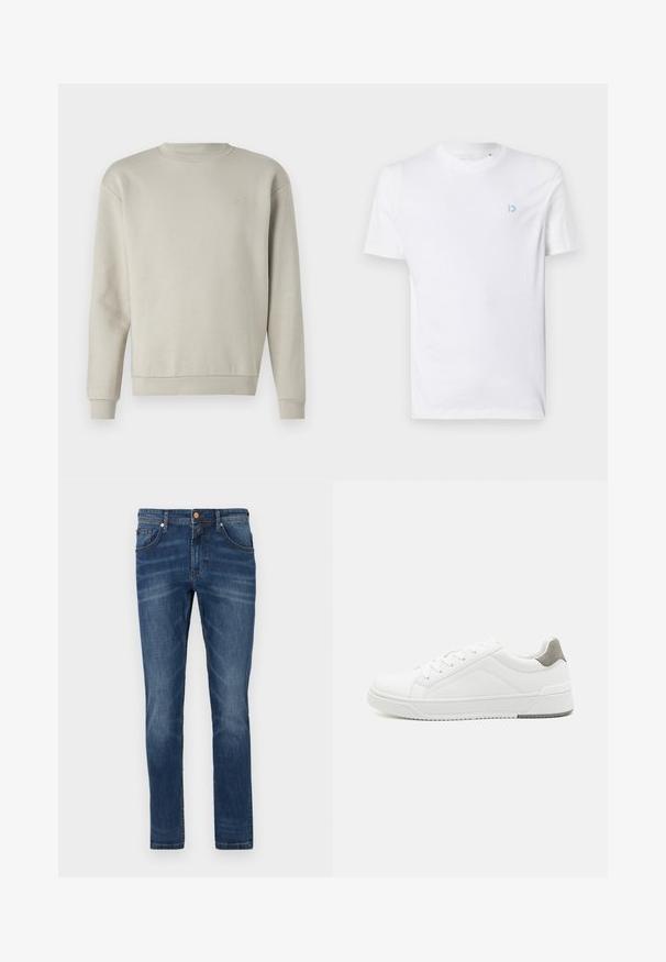 Sudadera gris claro con cuello redondo, mangas largas y textura suave. Presenta un pequeño logo bordado en el pecho.; Camiseta de algodón blanca con cuello redondo y mangas cortas, con un logotipo azul claro en el lado izquierdo del pecho. Textura suave, diseño simple.; Jeans de mezclilla azul oscuro con corte recto, cinco bolsillos, un ligero desgaste, costuras en contraste y cierre de botón en la cintura.; Zapatilla blanca con material de cuero liso, punta redonda, diseño minimalista, acento gris en el talón y suela de goma texturizada.