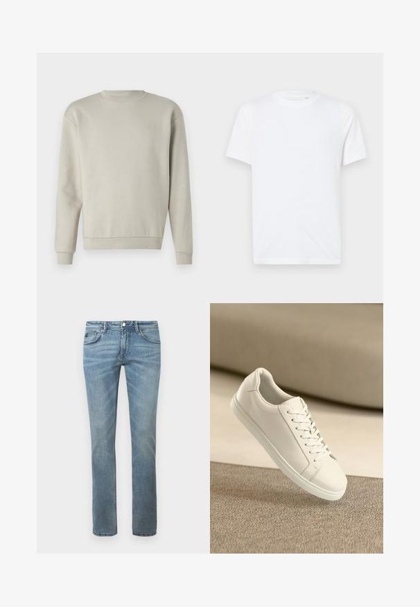Sudadera gris claro con cuello redondo, mangas largas y textura suave. Presenta un pequeño logo bordado en el pecho.; Camiseta de algodón blanca con cuello redondo y mangas cortas. Presenta un pequeño logo en relieve en el lado izquierdo del pecho. Textura suave.; Jeans de color azul claro con un diseño de pierna recta, fabricados en denim. Incluyen bolsillos estándar, trabillas para el cinturón y un desvanecimiento sutil.; Zapatilla de cuero blanca con cordones blancos, exhibida sobre una superficie texturizada beige y un suave fondo desenfocado.