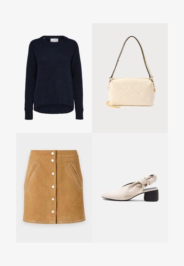 Mørk marineblå strikket langærmet sweater med rund hals og let længere bagkant, mærket Selected Femme.; Brun ruskindnederdel med en frontknaplukning, to sidelommer og sølvnitter langs lommerne og kanten. Glat tekstur.; Beige damesko med lav hæl, spids tå og en snoet remdetalje over vristen og hælen.; Kremfarvet quiltet skuldertaske med en buet sort rem og guldkædedetalje på en lys baggrund.