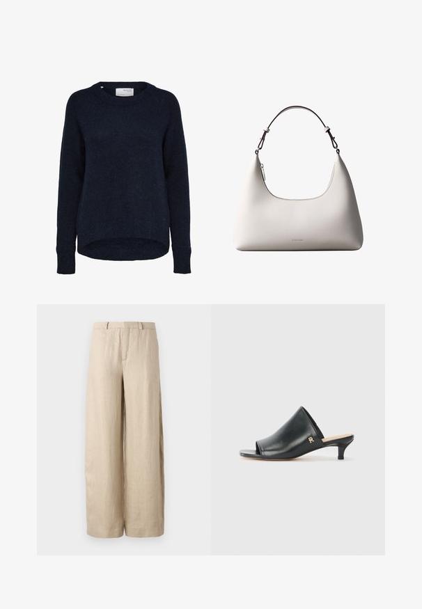 Jersey de punto azul marino oscuro con mangas largas, cuello redondo y dobladillo trasero ligeramente más largo, etiquetado Selected Femme.; Pantalones anchos color beige, hechos de lino. Presentan un pliegue frontal, dos bolsillos laterales y una cinturilla con pasadores para cinturón. Textura suave.; Mules de cuero negro de punta abierta con un tacón bajo. Presentan una superficie lisa y un acento del logo dorado en el costado.; Bolso de hombro de cuero color crema de Calvin Klein con borde superior curvado, cremallera plateada y correa ajustable marrón oscuro.