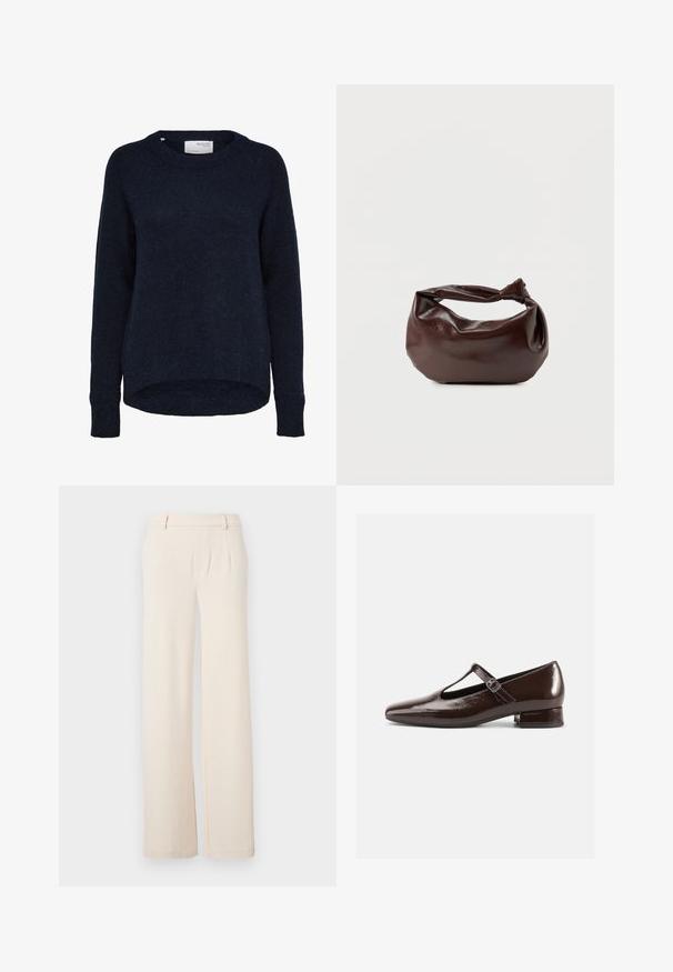Dunkel marineblauer, gestrickter Pullover mit langen Ärmeln, rundem Ausschnitt und etwas längerem Rückensaum, mit dem Label Selected Femme.; Helle beige weite Hosen mit vorderen Falten, einer glatten Textur und seitlichen Taschen. Hergestellt aus einem weichen Stoff mit einem maßgeschneiderten Design.; Braune Mary-Jane-Schuhe aus Lackleder mit abgerundetem Zehenbereich, Cut-out-Design und verstellbarem Riemen. Niedriger Blockabsatz.; Dunkelbraune Lederschultertasche mit weicher, lockerer Form und einem gedrehten Knotengriff vor schlichtem weißem Hintergrund.