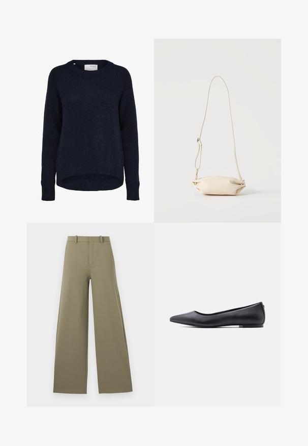 Dunkel marineblauer, gestrickter Pullover mit langen Ärmeln, rundem Ausschnitt und etwas längerem Rückensaum, mit dem Label Selected Femme.; Helle olivfarbene, weit geschnittene Hose mit glatter Textur, ausgestattet mit einem Reißverschluss vorne, Gürtelschlaufen und zwei seitlichen Taschen.; Schwarzer flacher Lederschuh mit spitzer Kappe und niedrigem Absatz, seitlich vor weißem Hintergrund gezeigt.; Kleine beige Leder-Umhängetasche mit verstellbarem Riemen, vor einem einfarbigen hellen Hintergrund präsentiert.