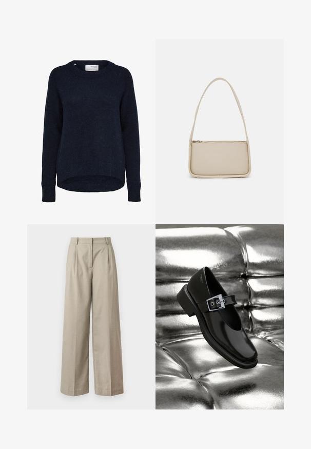 Dunkel marineblauer, gestrickter Pullover mit langen Ärmeln, rundem Ausschnitt und etwas längerem Rückensaum, mit dem Label Selected Femme.; Beige weite Hosen aus glattem Stoff, mit einer taillierten Taille, Falten und einem lockeren Schnitt an den Beinen. Schlichtes Design und klare Linien.; Schwarze Leder-Mary-Jane-Schuhe mit quadratischer Zehenform, einem silbernen Schnallenakzent und einem robusten, niedrigen Absatz, vor einem glänzenden silbernen Hintergrund.; Even&Odd by Zalando Handtasche - off white