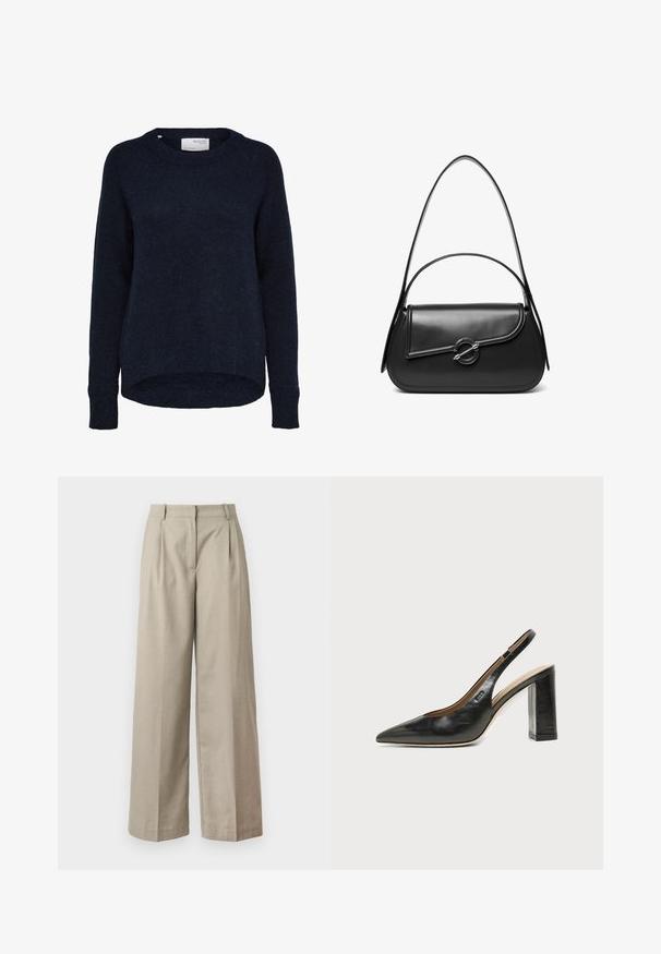 Dunkel marineblauer, gestrickter Pullover mit langen Ärmeln, rundem Ausschnitt und etwas längerem Rückensaum, mit dem Label Selected Femme.; Beige weite Hosen aus glattem Stoff, mit einer taillierten Taille, Falten und einem lockeren Schnitt an den Beinen. Schlichtes Design und klare Linien.; Schwarzer Leder-Slingback-Schuh mit spitzer Kappe, hohem Blockabsatz und beigegefüttertem Innenraum vor hellem, einfarbigem Hintergrund.; Schwarze Lederschultertasche mit einer geschwungenen Klappe, die durch einen runden Metallverschluss gesichert ist, und einem schlanken, verstellbaren Riemen.