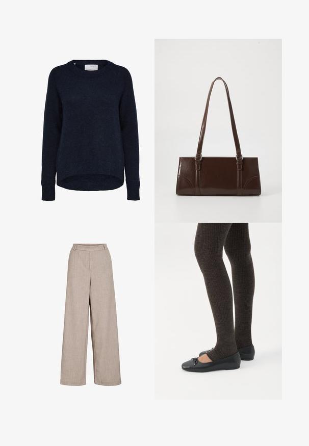 Donker marineblauwe gebreide trui met lange mouwen, ronde hals en iets langere achterzoom, gelabeld Selected Femme.; Beige wijde broek gemaakt van lichtgewicht stof. Heeft een gladde textuur, een aansluitende taille en zijzakken voor functionele details.; Benen met donkere geribbelde leggings gecombineerd met zwarte ballerina's met kleine strikdetails op een witte achtergrond.; Bruine lakleren handtas met een rechthoekige vorm, twee lange handvatten en subtiele gebogen accenten aan de voorkant.