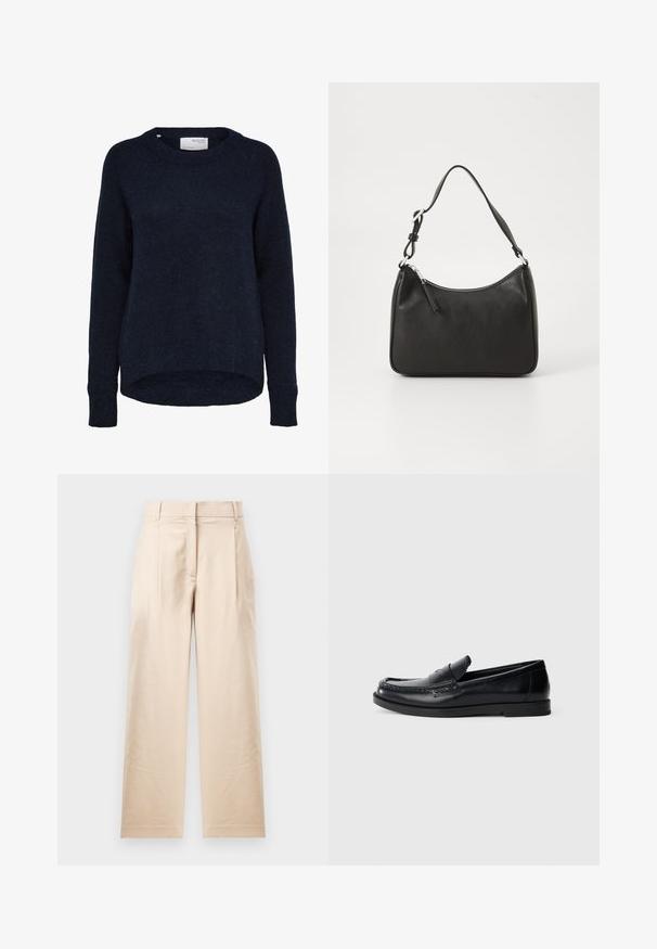 Donker marineblauwe gebreide trui met lange mouwen, ronde hals en iets langere achterzoom, gelabeld Selected Femme.; Beige broek van gladde stof. Met een rechte snit, platte voorkant en twee plooiingen. Geen zichtbare patronen of hardware.; Zwarte leren instappers met een gestikte accentontwerp, ronde neus, platte rubberen zool en een gladde afwerking. Klassieke, veelzijdige silhouet.; Zwarte leren handtas met een gebogen vorm, een enkele schouderband, ritsluiting en subtiele branding aan de voorkant. Glad textuur, minimalistisch ontwerp.