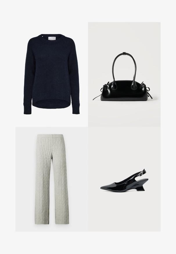Dunkel marineblauer, gestrickter Pullover mit langen Ärmeln, rundem Ausschnitt und etwas längerem Rückensaum, mit dem Label Selected Femme.; Hellgraue gestrickte Hose mit Zopfmuster, geraden Beinen und elastischem Bund vor schlichtem weißem Hintergrund.; Schwarzer Slingback-Schuh aus Lackleder mit spitzer Spitze und niedrigem, schrägem Blockabsatz auf einfachem hellem Hintergrund.; Kleine schwarze glänzende Handtasche mit zwei langen Griffen und seitlichen Kordelzug-Details vor einfachem hellem Hintergrund.