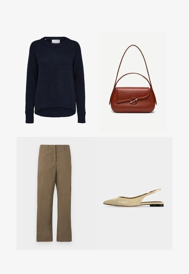 Donker marineblauwe gebreide trui met lange mouwen, ronde hals en iets langere achterzoom, gelabeld Selected Femme.; Bruine rechte broek van katoenmix stof. Bevat riemlussen, een achterzak en heeft een gladde textuur zonder patronen.; Beige platte slingback schoen met puntige neus, lage zwarte hak en een glad leren afwerking, zijaanzicht op een effen achtergrond.; Bruine leren schoudertas met afgeronde rechthoekige vorm, asymmetrische klep, zilveren ronde sluiting en twee dunne bandjes.