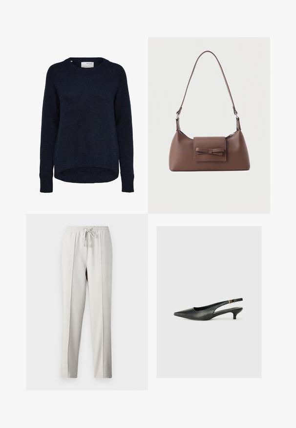 Mørk marineblå strikket langærmet sweater med rund hals og let længere bagkant, mærket Selected Femme.; Lysegrå joggerbukser med elastisk talje, snører og sidesømmer. Fremstillet i glat stof for en afslappet pasform.; Sorte spidse slingback-sko lavet af glat læder. Har en tynd hæl og en spænde detalje på den justerbare rem.; Brun skuldertaske i læder med en frontlomme med klap, der har en sydd sløjfedetalje, og en justerbar rem.