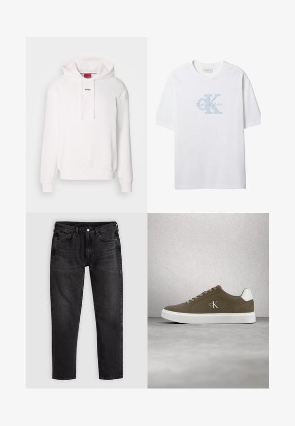 Witte hoodie met lange mouwen, trekkoordkap, voorste kangaroezak en subtiele "HUGO" logo op de borst. Zachte stof textuur.; Witte t-shirt met korte mouwen en lichtblauwe geborduurde Calvin Klein "CK"-logo in het midden van de borst.; Zwarte slim-fit spijkerbroek met vijf zakken, riemlussen en een vooraan geplaatste knoop- en ritssluiting, plat neergelegd op een lichte achtergrond.; Bruine Calvin Klein sneaker met witte zool en veters, afgebeeld tegen een achtergrond van een glasblokmuur en betonnen vloer.