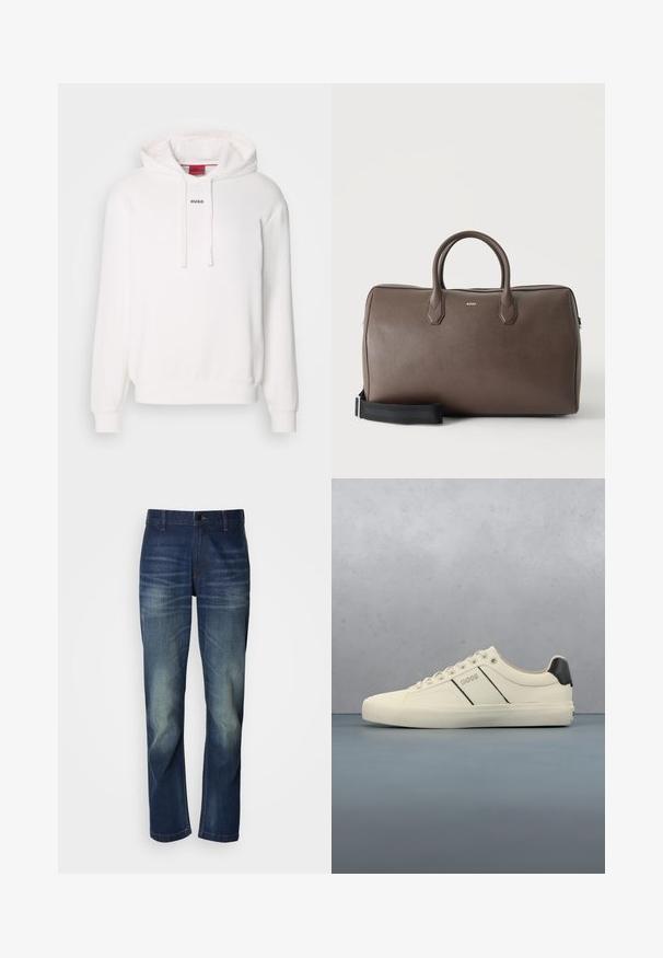 Witte hoodie met lange mouwen, trekkoordkap, voorste kangaroezak en subtiele "HUGO" logo op de borst. Zachte stof textuur.; Donkerblauwe denim jeans met een rechte pijp, met vervaging aan de voorkant, een knoopsluiting en het standaard vijfzakkenontwerp.; Crème-kleurige sneakers met een gladde textuur, voorzien van zwarte accenten en branding. Tijdloos vetersysteem met een ronde neus en rubberen zool.; Bruine leren duffeltas met twee handvatten, een zwarte verstelbare schouderriem en een klein "BOSS" logo middenvoor.
