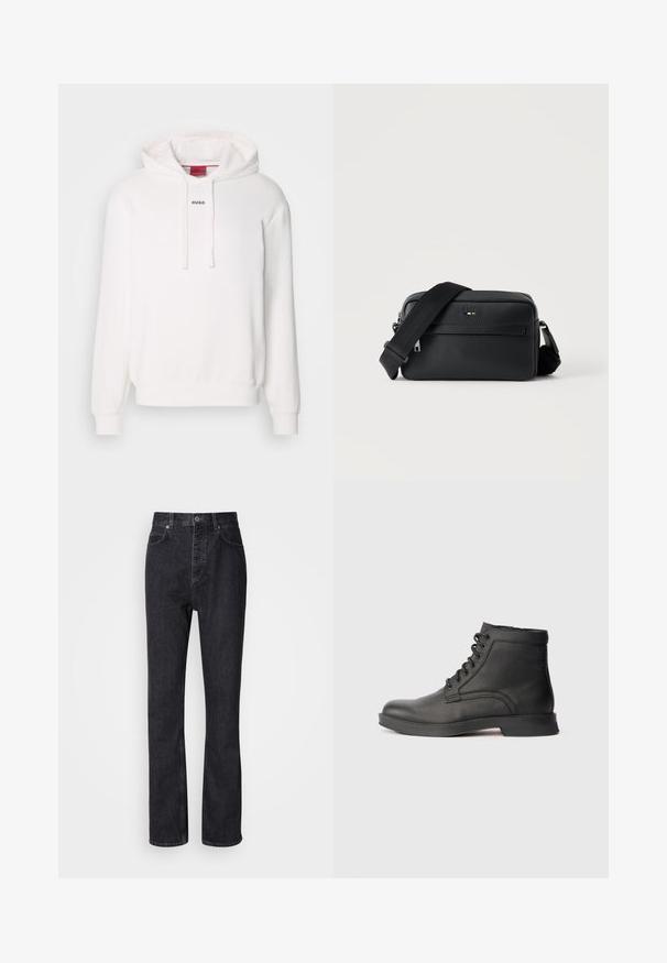 Witte hoodie met lange mouwen, trekkoordkap, voorste kangaroezak en subtiele "HUGO" logo op de borst. Zachte stof textuur.; Hoge taille zwarte denim jeans met een knoop- en ritssluiting, voor- en achterzakken en een rechte pasvorm.; Zwarte leren enkellaars met een gestructureerd oppervlak, ronde neus, vetersluiting aan de voorkant en een stevige rubberen zool. Minimalistisch ontwerp zonder zichtbare branding.; Zwarte gestructureerde leren crossbodytas met voorvak met ritssluiting en verstelbare brede stoffen schouderband op een witte achtergrond.