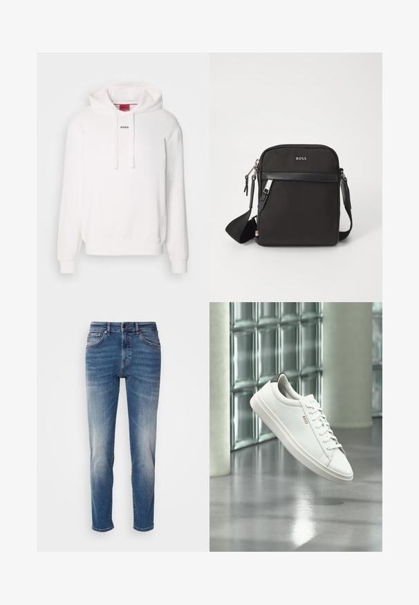 Witte hoodie met lange mouwen, trekkoordkap, voorste kangaroezak en subtiele "HUGO" logo op de borst. Zachte stof textuur.; Blauwe denim jeans met een recht model, lichte vervaging, klassieke vijf-pocketstijl en een ritssluiting met knoopsluiting.; Witte leren lage sneaker met veters, zwarte hielstrook en "BOSS"-logo, zwevend binnenshuis bij een glazen stenen muur en gepolijste vloer.; Zwarte schoudertas van textuurstof, met logo aan de voorkant, ritssluiting en verstelbare schouderband. Voorzien van een gladde leren rand.
