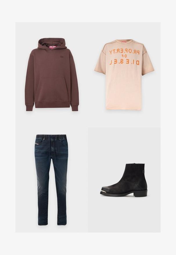 Καφέ pullover φούτερ με μπροστινές τσέπες καγκουρό, ριμπ μανσέτες και στρίφωμα, μικρή κεντητή λογότυπο στο στήθος και ετικέτα με το σήμα της μάρκας μέσα στην κουκούλα.; Μπεζ κοντομάνικο μπλουζάκι με πορτοκαλί σκουριασμένο κείμενο «PROPERTY OF DIESEL» τυπωμένο ανάποδα στο στήθος.; Τζιν σε σκούρο μπλε με ελαστική μέση, στερέωση με κορδόνι και πέντε τσέπες. Ομαλή υφή με διακριτικές ξεθωριασμένες λεπτομέρειες.; Μαύρο μποτάκι μέχρι τον αστράγαλο με σουέτ και δερμάτινα υλικά, στρογγυλή μύτη, μικρό τακούνι, ασημένια μεταλλική λεπτομέρεια στη μύτη και ελαστικά πλαϊνά πάνελ.