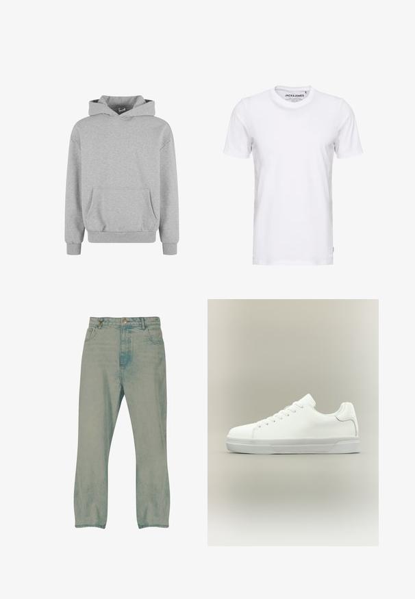 Grijze trui met capuchon, lange mouwen en een voorzak. Gemaakt van zacht materiaal met ribgebreide manchetten en zoom. Minimalistisch ontwerp en veelzijdige stijl.; Witte korte mouwen t-shirt van katoen, met een ronde hals en een eenvoudig ontwerp. Merktag zichtbaar op het nekgebied. Geen patronen of accenten.; Lichtblauwe rechte jeans met knopen aan de voorkant, riemlussen en voorzakken, weergegeven tegen een witte achtergrond.; Witte lage sneaker met veters aan de voorkant, gevoerde kraag en gerubberde zool met textuur, zijaanzicht op een neutrale achtergrond.