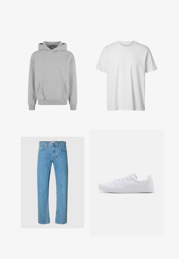 Grijze trui met capuchon, lange mouwen en een voorzak. Gemaakt van zacht materiaal met ribgebreide manchetten en zoom. Minimalistisch ontwerp en veelzijdige stijl.; Eenvoudig wit T-shirt met korte mouwen en ronde hals, losse pasvorm en zonder zichtbare logo's of ontwerpen aan de voorkant.; Lichtblauwe denim jeans hebben een recht model, vijf-pocket stijl en een ritssluiting met een metalen knoopsluiting.; Witte canvas sneakers met een rubberen zool, voorzien van zes oogjes, een gestructureerde neuskap en een minimalistisch ontwerp.