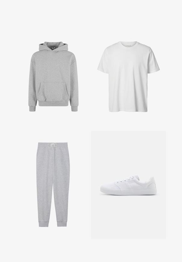Grauer Kapuzenpullover mit langen Ärmeln und Fronttasche. Hergestellt aus weichem Stoff mit gerippten Bündchen und Saum. Minimalistisches Design und vielseitiger Stil.; Schlichtes weißes T-Shirt mit kurzen Ärmeln und Rundhalsausschnitt, lässiger Passform und ohne sichtbare Logos oder Designs auf der Vorderseite.; Graue Sweatpants aus weichem Stoff, mit einem elastischen Bund und einem Kordelzug, seitlichen Taschen und gerippten Bündchen an den Knöcheln.; Weiße Leinenschuhe mit Gummisohle, ausgestattet mit sechs Ösen, einer strukturierten Zehenkappe und minimalistischer Gestaltung.