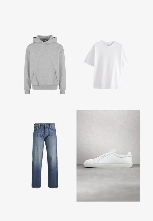 Grå sweatshirt med hætte, lange ærmer og frontlomme. Fremstillet af blødt stof med ribbede manchetter og kant. Minimalistisk design og alsidig stil.; Simpel hvid T-shirt med korte ærmer og rund hals med en afslappet pasform på hvid baggrund.; Blå denim jeans med en løs pasform, der har en falmet vask, fem-lomme design, bæltestropper og lynlås-lukning.; Hvide sneakers med en glat læderoverdel og lav profil. Har en rund tå, seks snørehuller og en tekstureret gummisål.