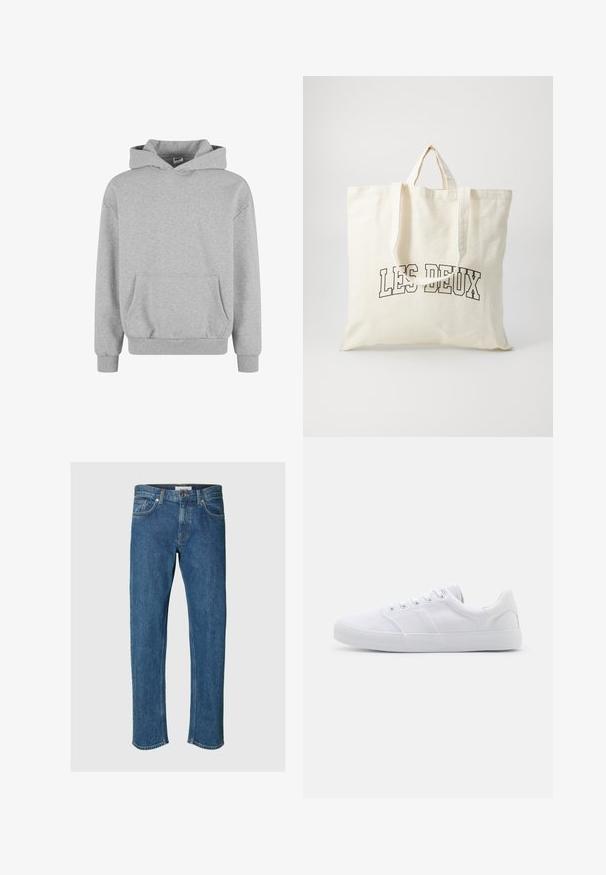 Grå sweatshirt med hætte, lange ærmer og frontlomme. Fremstillet af blødt stof med ribbede manchetter og kant. Minimalistisk design og alsidig stil.; Selected Straight fit 196 - Jeans Straight Leg - medium blue denim; Hvide lærreds sneakers med gummisål, der har seks snørehuller, en struktureret tåkap og et minimalistisk design.; Canvas tote bag i off-white, med korte håndtag og teksten "LES DEUX" trykt i fede sorte bogstaver. Holdbart, simpelt design.