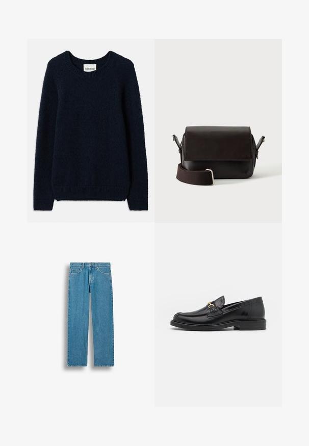 Navyblauwe gebreide trui met een ronde halslijn, lange mouwen en ribgebreide manchetten en onderkant. Zachte textuur en eenvoudig ontwerp, zonder patronen of accenten.; Blauwe rechtvallende denim jeans met voorzakken, riemlussen en een knoopsluiting, afgebeeld tegen een witte achtergrond.; Zwarte leren instappers met een ronde neus, voorzien van een gouden hardware accent en stikdetails, geplaatst op een lage, getextureerde rubberen zool.; Donkerbruine leren schoudertas met klepsluiting en verstelbare stoffen riem op witte achtergrond.