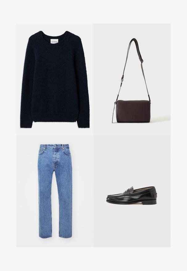 Navyblauwe gebreide trui met een ronde halslijn, lange mouwen en ribgebreide manchetten en onderkant. Zachte textuur en eenvoudig ontwerp, zonder patronen of accenten.; Won Hundred STEVE - Relaxed fit jeans - cut blue; Zwarte leren loafers met een mocassin-stijl ontwerp, voorzien van een decoratieve band en stiksel detail op het bovenwerk. Lage blokhak.; Donkerbruine gestructureerde leren crossbodytas met verstelbare riem en klein decoratief blauw accent aan de zijkant.
