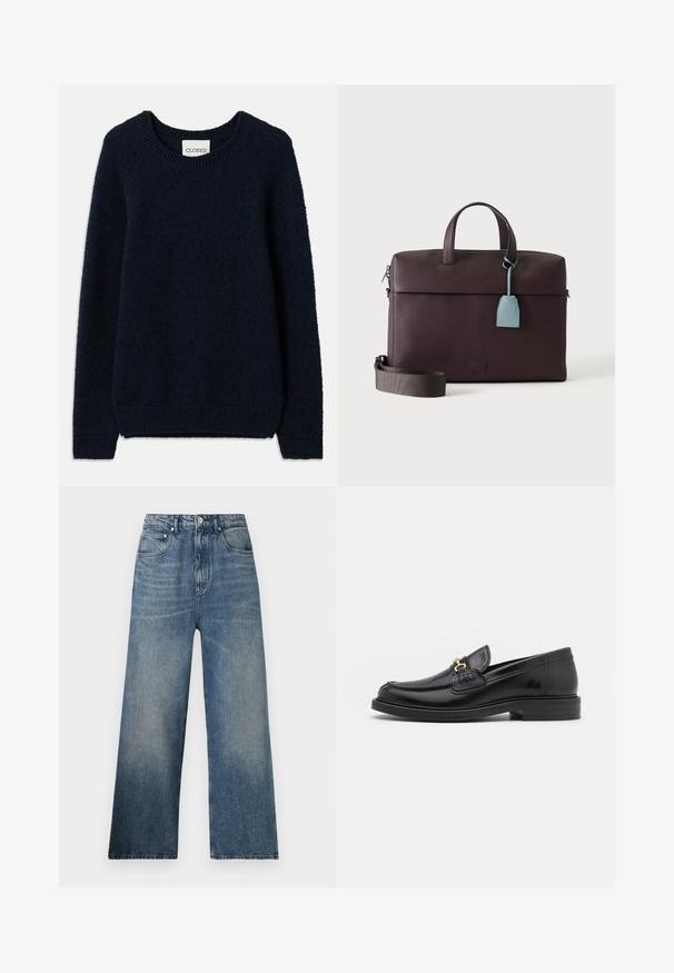 Navyblauwe gebreide trui met een ronde halslijn, lange mouwen en ribgebreide manchetten en onderkant. Zachte textuur en eenvoudig ontwerp, zonder patronen of accenten.; Blauwe denim wijdgerande jeans met een hoge taille, voorzien van subtiele vervaging, vijf zakken en een metalen knoopsluiting aan de voorkant.; Zwarte leren instappers met een ronde neus, voorzien van een gouden hardware accent en stikdetails, geplaatst op een lage, getextureerde rubberen zool.; Donkerbruine leren aktetas met bovenhandvatten, afneembare schouderriem en lichtblauw leren label dat aan één handvat hangt.