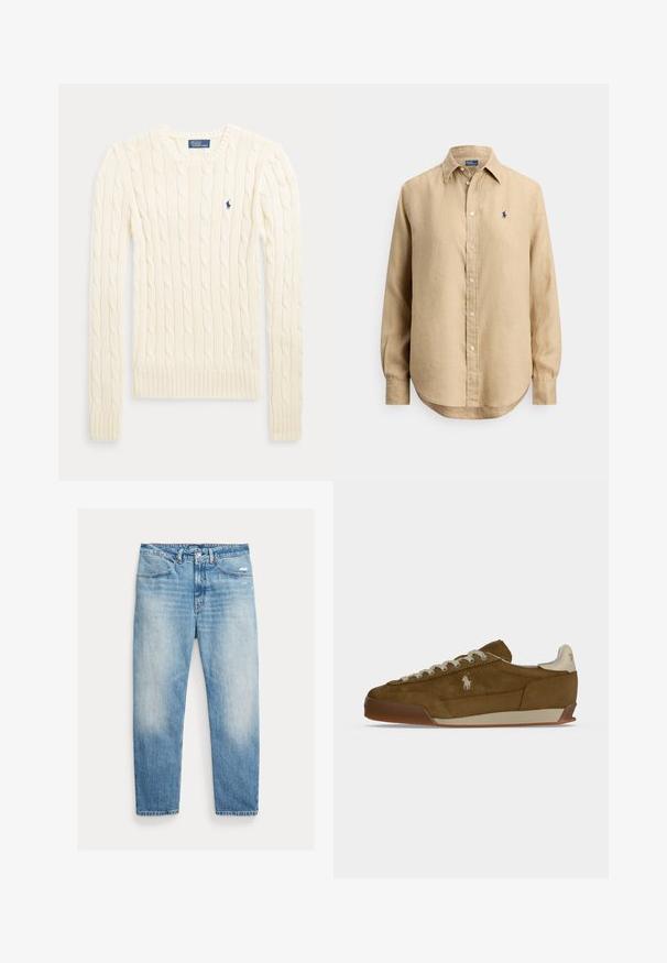 Dlhý sveter krémovej farby so vzorom vrkočového pletenia, s dlhými rukávmi, okrúhlym výstrihom a malým tmavomodrým logom Polo Ralph Lauren na hrudi.; Béžová košeľa s dlhými rukávmi zapínaná na gombíky, s ostrým golierom a malým námornícky modrým vyšívaným logom na ľavej strane hrude.; Svetlomodré vyblednuté rovné rifle s prednými vreckami, zapínaním na gombík a zipsom a miernym opotrebovaním na pravom stehne.; Hnedá semišová teniska s krémovými šnúrkami, hrubou podrážkou a malým bielym vyšitým logom na boku.