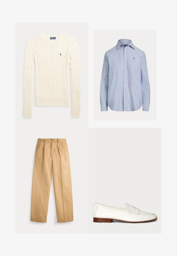 Dlhý sveter krémovej farby so vzorom vrkočového pletenia, s dlhými rukávmi, okrúhlym výstrihom a malým tmavomodrým logom Polo Ralph Lauren na hrudi.; Svetlomodrá košeľa s dlhým rukávom na gombíky, so špicatým golierom a malým vyšitým logom na ľavej strane hrude.; Béžové nohavice s rovným strihom, zapínaním na gombík a zips, prednými vreckami, pútkami na opasok a vyžehlenými skladmi na nohaviciach.; Bílé kožené mokasíny s texturovaným povrchem, zaoblenou špičkou a tkaným detailem. Nízký dřevěný podpatek a minimalistický design.