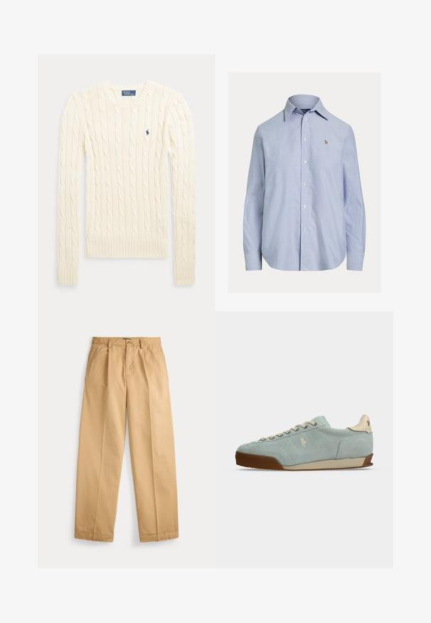 Dlhý sveter krémovej farby so vzorom vrkočového pletenia, s dlhými rukávmi, okrúhlym výstrihom a malým tmavomodrým logom Polo Ralph Lauren na hrudi.; Svetlomodrá košeľa s dlhým rukávom na gombíky, so špicatým golierom a malým vyšitým logom na ľavej strane hrude.; Béžové nohavice s rovným strihom, zapínaním na gombík a zips, prednými vreckami, pútkami na opasok a vyžehlenými skladmi na nohaviciach.; Svetlomodrá zamatová teniska s béžovou a hnedej podrážkou, béžovými šnúrkami a malým vyšívaným logom na boku.