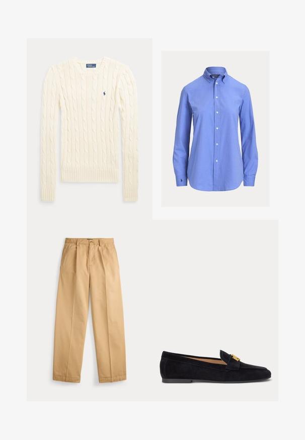 Dlhý sveter krémovej farby so vzorom vrkočového pletenia, s dlhými rukávmi, okrúhlym výstrihom a malým tmavomodrým logom Polo Ralph Lauren na hrudi.; Modrá košeľa s dlhým rukávom na gombíky, klasickým golierom a malým vyšívaným logom na ľavom manžetovom rukáve.; Béžové nohavice s rovným strihom, zapínaním na gombík a zips, prednými vreckami, pútkami na opasok a vyžehlenými skladmi na nohaviciach.; Čierne semišové rovné mokasíny s nízkym podpätkom a zlatou dekoratívnou prackou na vrchu, bočný pohľad na jednoliatom svetlom pozadí.
