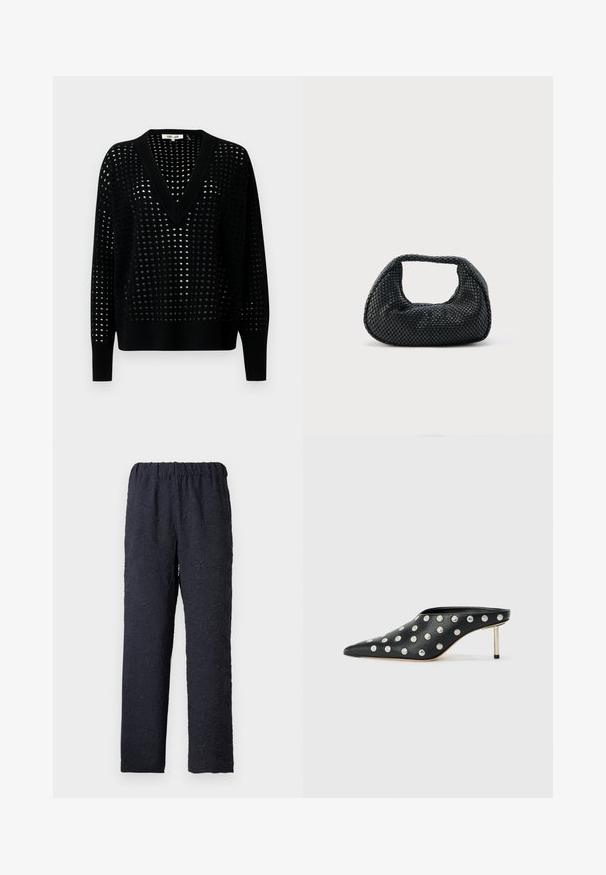 Pull noir tricoté avec un col en V et une coupe ample. Présente un motif texturé de trous sur l’ensemble et des manches longues avec des poignets côtelés.; Pantalon marine avec une taille élastiquée, présentant un motif floral texturé sur l'ensemble, une coupe droite et sans poches.; STAND STUDIO KELSEY - Mules à talons - black; Sac hobo tissé noir avec une structure souple et une poignée intégrée, présenté sur un fond clair uni.